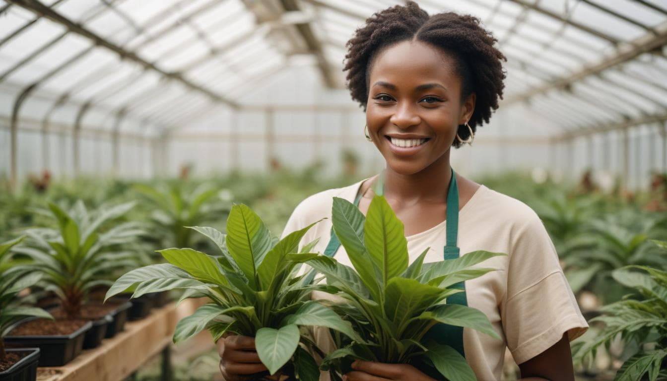 Plant vendor smiling in a greenhouse